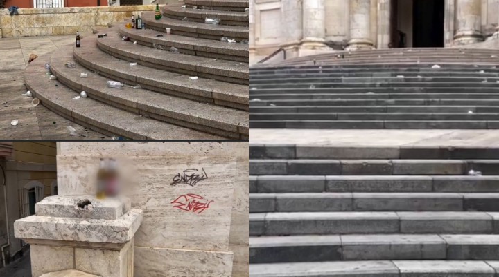 Cagliari, scopa e paletta in mano per ripulire la scalinata della Chiesa di S. Anna