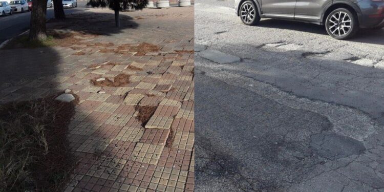 Monserrato, la centralissima via Cesare Cabras è un percorso di voragini: “E guardate i marciapiedi, sembriamo a Beirut”