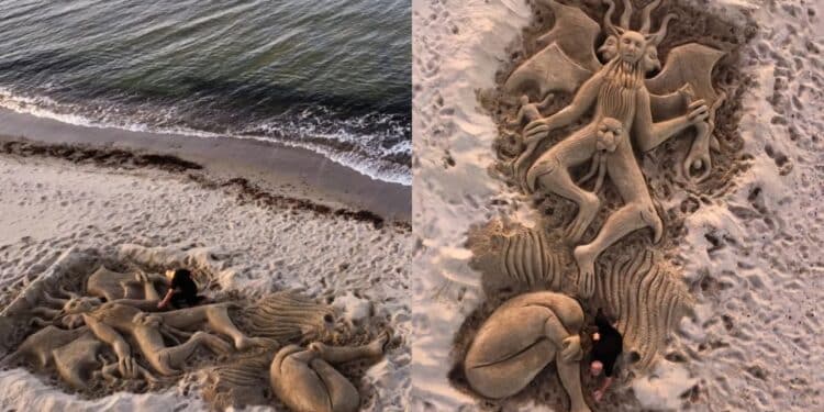 Da Platamona a Porto Paglia un abbraccio a Elena Deriu dal maestro che trasforma la sabbia in opere d’arte