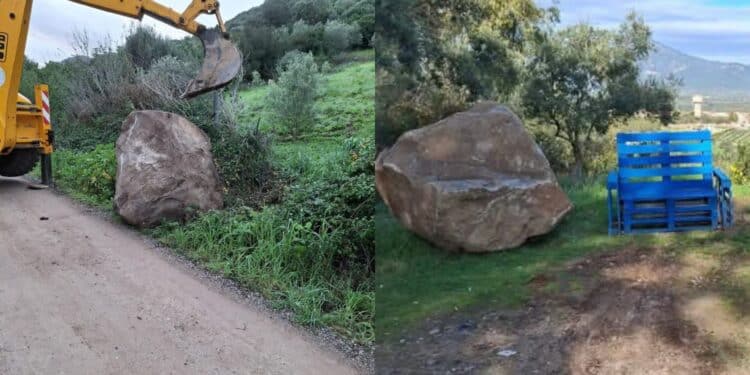 Villamassargia, grosso masso a bordo strada rimosso e riutilizzato come panchina
