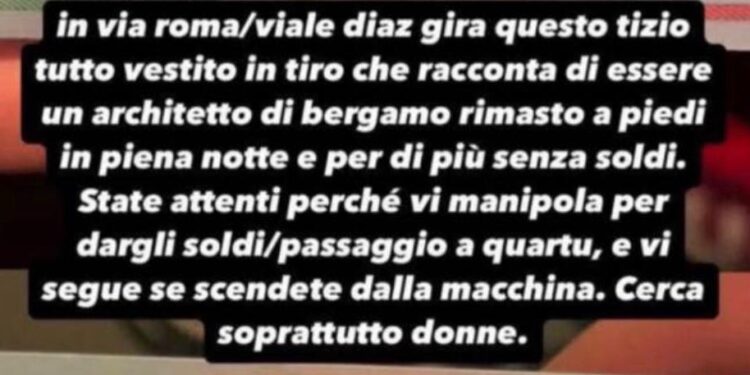 “Attenzione alla truffa: un architetto di Bergamo chiede soldi a tutti nel centro di Cagliari e tenta di salire nelle vostre auto”