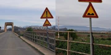 Assemini, un cartello legato a fil di ferro per avvisare dei pericoli del Ponti Nou