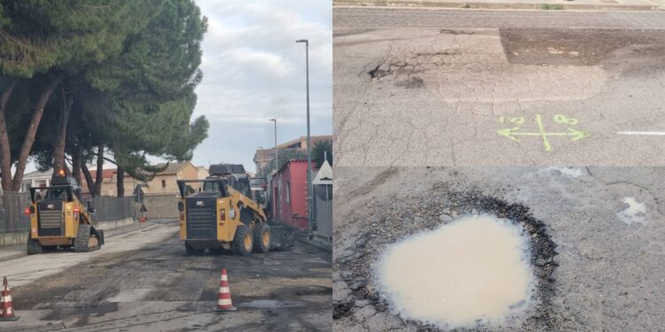 Operai al lavoro a Serramanna, via buche e voragini da 20 strade
