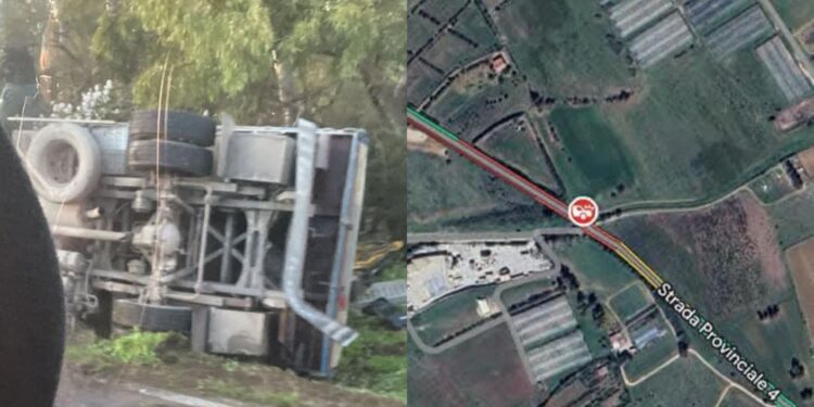 Un camion si ribalta e vola oltre la carreggiata, paura sulla San Sperate-Cagliari: traffico in tilt