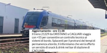 Cagliari, il treno da Oristano viaggia con un’ora di ritardo, offerti snack e drink al bar della stazione