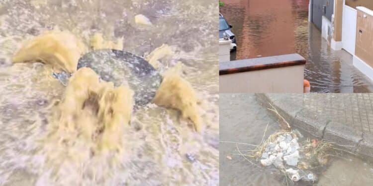 Assemini, esplodono le fogne dopo soli dieci minuti di intensa pioggia: liquami maleodoranti in strada