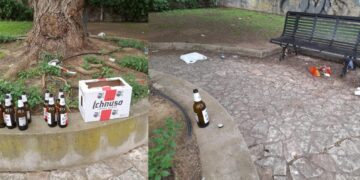 Cagliari, cartoline di degrado dai giardini pubblici: sporcizia e bottiglie rotte ovunque, notte alcolica in via Biasi