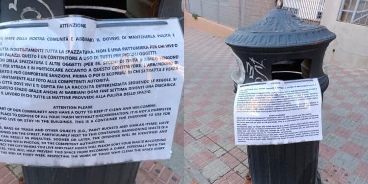 Cagliari, educazione civica in via Ozieri: spunta un cartello nel porta rifiuti