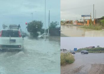 Quartu, strada allagata dopo il temporale: a ridosso della Ss554 le macchine devono attraversare quasi un fiume in piena