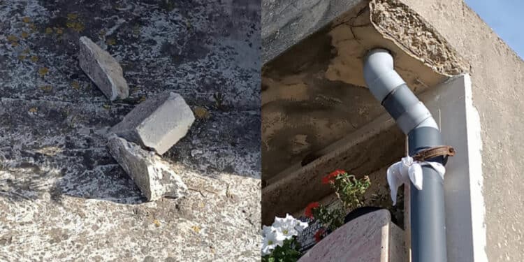 Serramanna, pericolo tra le tombe: pioggia di parti di cornicione caduti al suolo