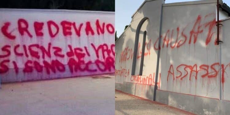 Oristano, il cimitero di San Pietro deturpato con scritte no vax