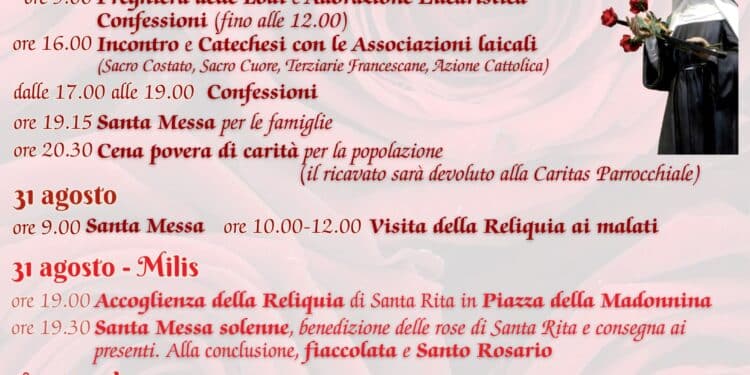 Narbolia e Milis, il 29 agosto l’arrivo delle reliquie di Santa Rita