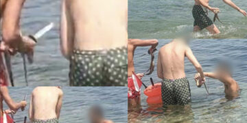 Pula, con coltello in mano in mezzo ai bagnanti catturano ed eviscerano alcuni polpi