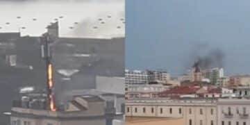 Cagliari, paura in via Mameli: in fiamme l’antenna di un ripetitore sul tetto di un edificio