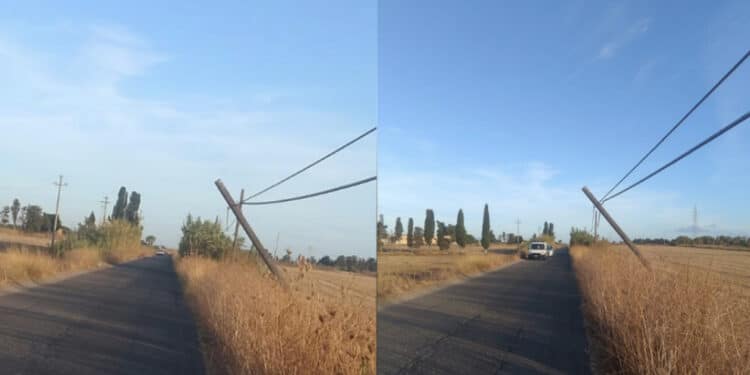Tra Assemini e Elmas un palo della luce penzola pericolosamente da mesi: protestano i cittadini