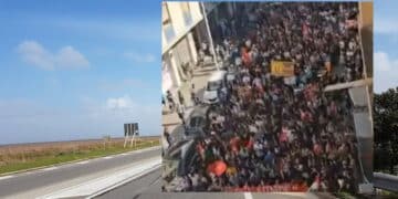 Statale 195 bloccata dai manifestanti: bandiere e striscioni pro Palestina hanno fermato il traffico