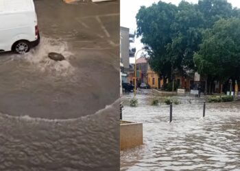 Pirri sott’acqua, il maltempo fa paura: tombini in tilt, strade come fiumi e case allagate