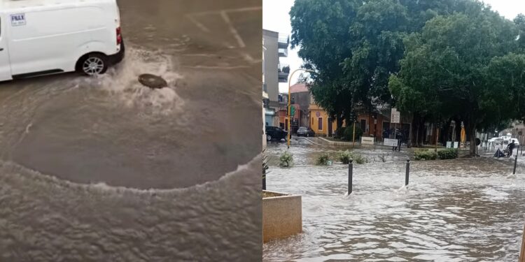 Pirri sott’acqua, il maltempo fa paura: tombini in tilt, strade come fiumi e case allagate