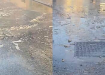 Sestu, la fogna sgorga in mezzo alla strada, anche le macchine in sosta sono vittime dell’eruzione