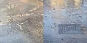 Sestu, la fogna sgorga in mezzo alla strada, anche le macchine in sosta sono vittime dell’eruzione