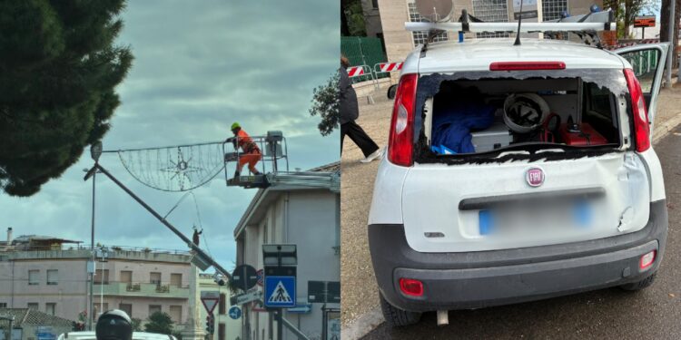 Monserrato: crolla il palo della luce sotto il peso delle luminarie, il camion dei soccorsi travolge un’auto dell’Enel