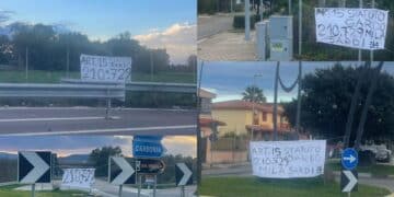 Uta, il benvenuto alla Todde con striscioni bianchi per richiamare l’attenzione sulla speculazione energetica