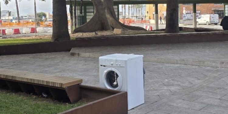 Cagliari, degrado senza fine in piazza Matteotti: una lavatrice abbandonata di fronte a palazzo Bacaredda