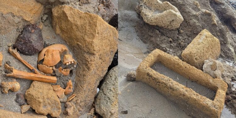 A San Giovanni di Sinis la mareggiata riporta alla luce uno scheletro e antichi resti rimasti nascosti per secoli