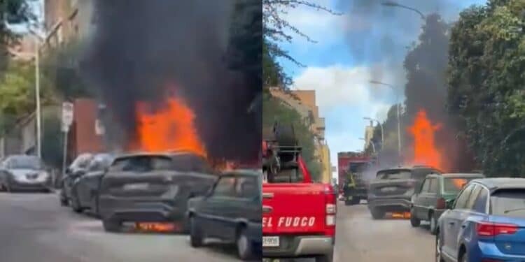 Cagliari, paura in via Goito: auto in fiamme vicino a case e altre vetture in sosta