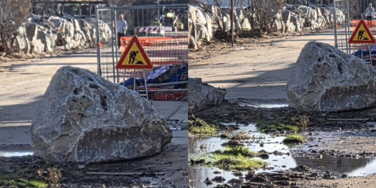 Capoterra, una roccia al centro della strada tra Maddalena e Picciau: “Rimuovetela”