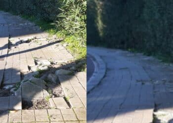 Cagliari, tra buche e mattonelle divelte ecco il marciapiede di via dei Tritoni