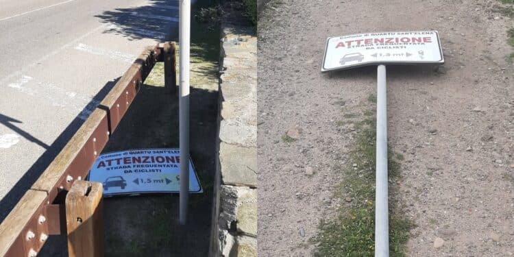 Tempi duri per i ciclisti a Quartu: abbattuti 2 cartelli di promozione alla sicurezza stradale