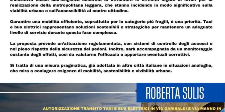 Taxi e bus elettrici in via Garibaldi e via Manno in fasce orarie: la proposta per contrastare i disagi dei cantieri