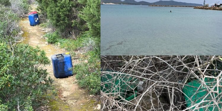 Discarica abusiva tra la vegetazione di Porto Pino: trovati bidoni contenenti olio esausto