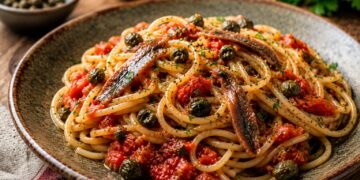 La cultura nel piatto, spaghetti con capperi, acciughe e pomodoro