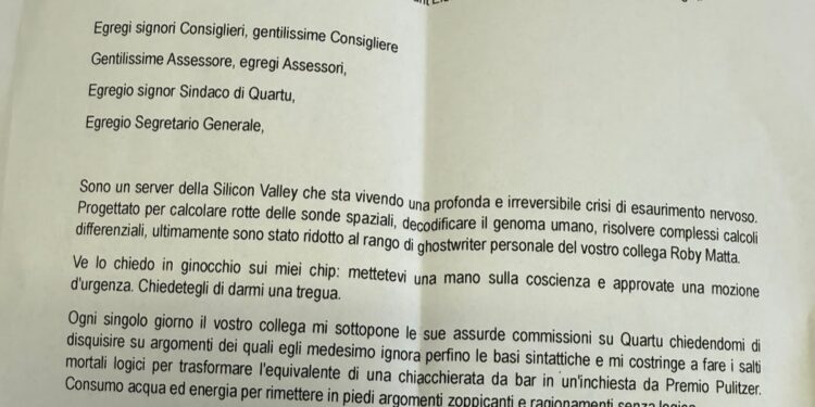Quartu Sant’Elena, la singolare lettera anonima contro il consigliere Roberto Matta: un appello dalla AI a sindaco e consiglio