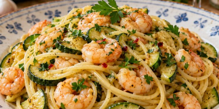 La cultura nel piatto, spaghetti con gamberi rosa, zucchine e vino bianco