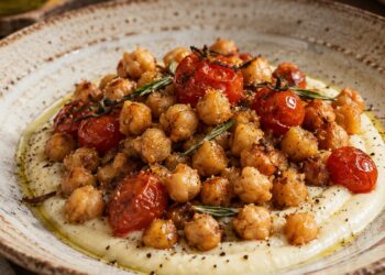 La cultura nel piatto, ceci croccanti con crema di pecorino e pomodorini confit