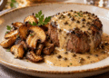 La cultura nel piatto: filetto al pepe verde con funghi dorati